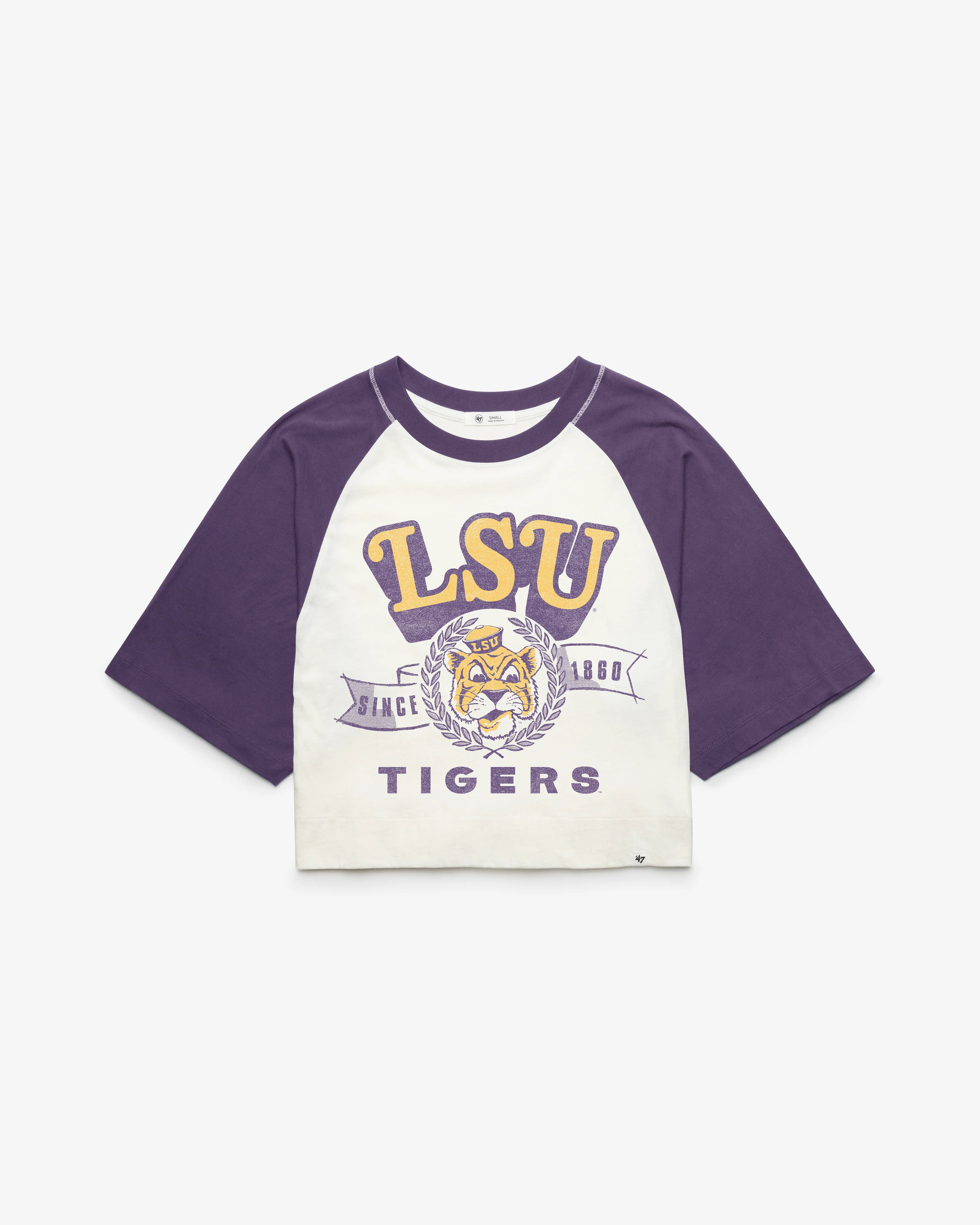 LOUISIANA STATE TIGERS LSU VINTAGE INFIELD SHIFT '47 RAGLAN CROP TEE WOMENS