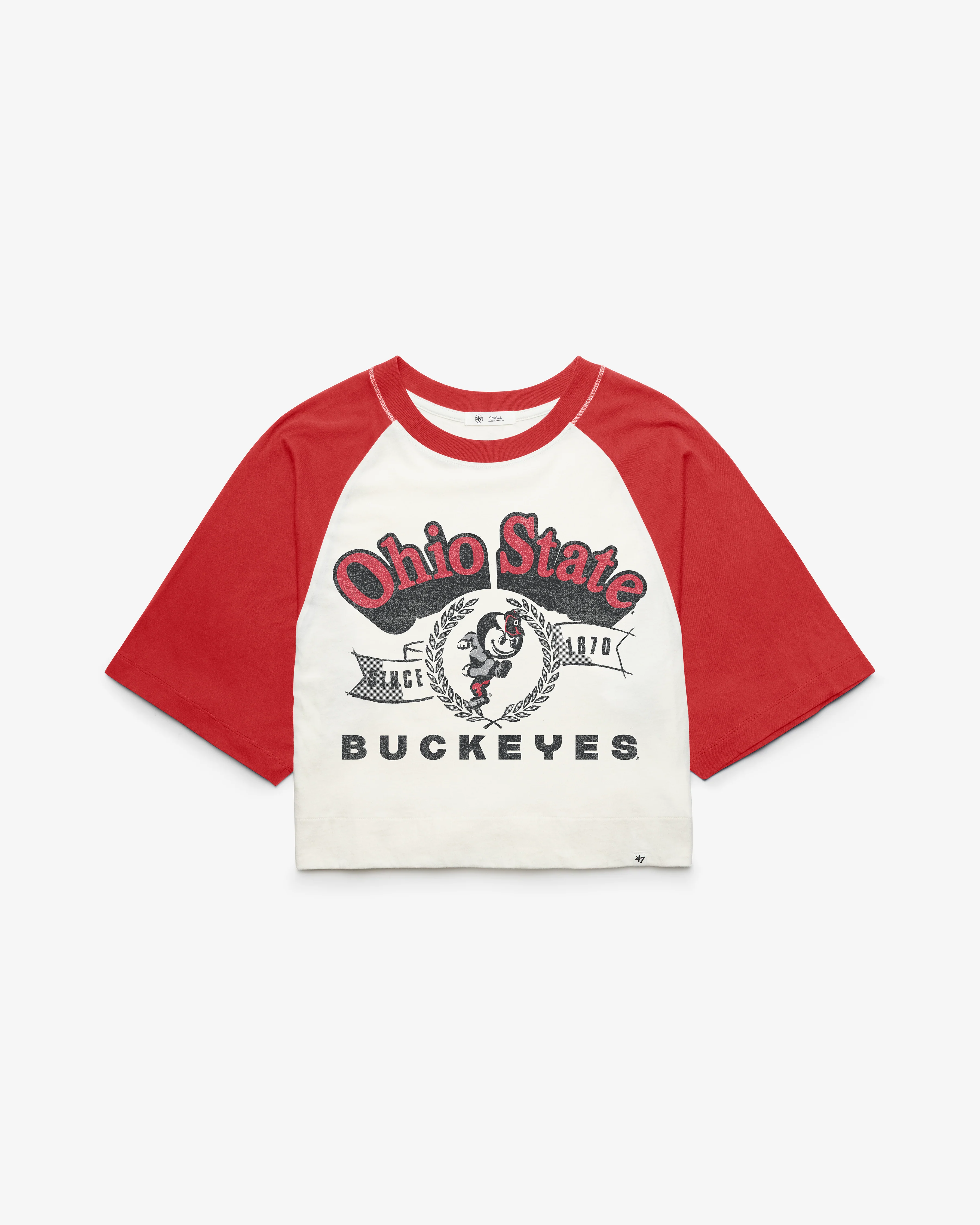 OHIO STATE BUCKEYES VINTAGE INFIELD SHIFT '47 RAGLAN CROP TEE WOMENS